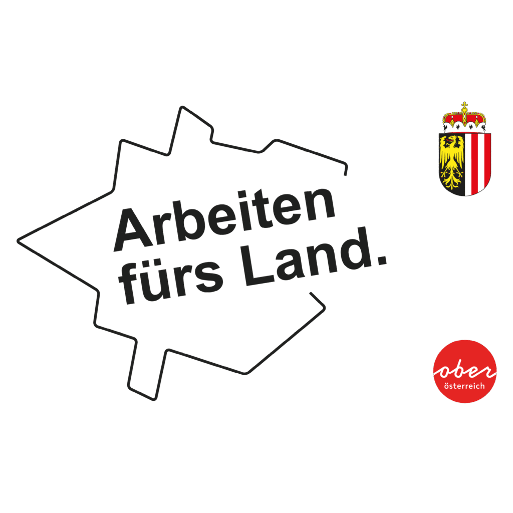 Logo Arbeiten fürs Land mit Österreich Wappen und Standortlogo Oberösterreich