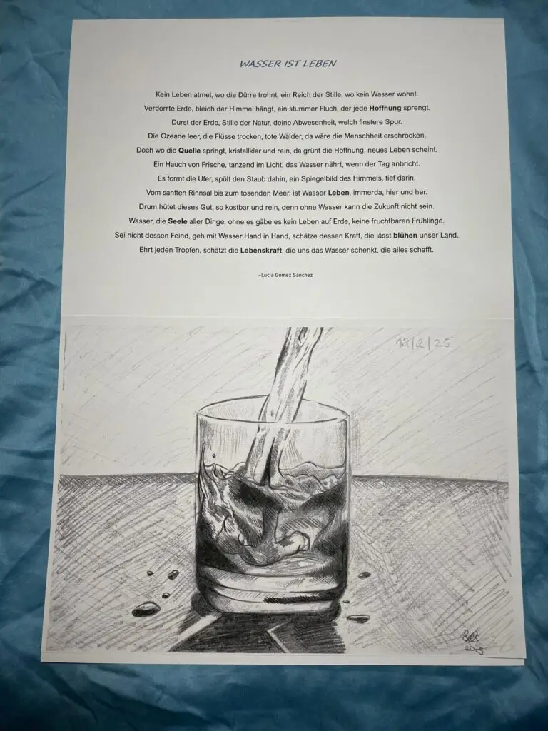 Gedicht &raquo;Wasser ist Leben&laquo; mit Bleistiftzeichnung von gef&uuml;lltem Glas.